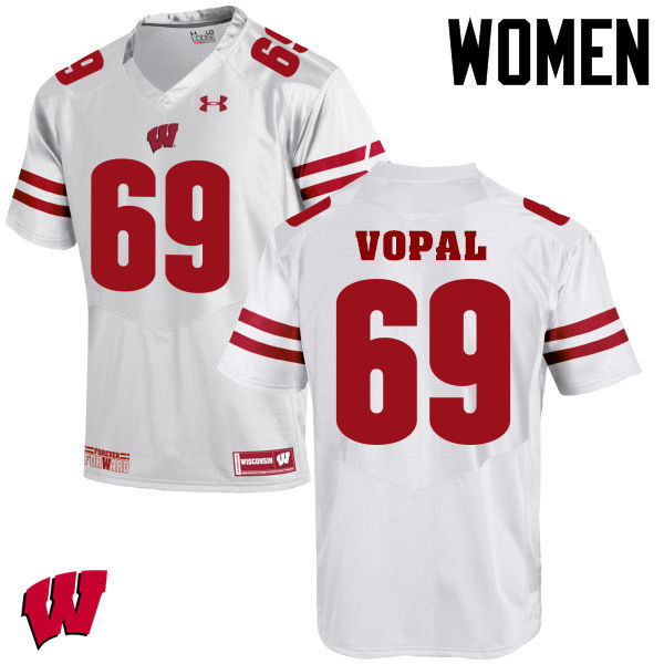 Women Winsconsin Badgers #69 Aaron Vopal College Football Jerseys-White - Click Image to Close